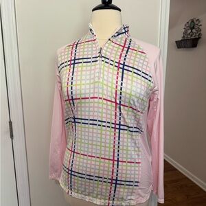 Pink Plaid Quarter-Zip Long Sleeve Performance Top